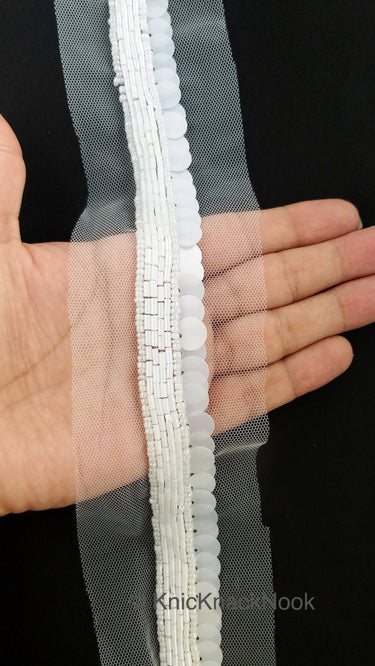 White Net Lace With White Sequins and Beads, Exclusive Laces, Sequinned Trimming